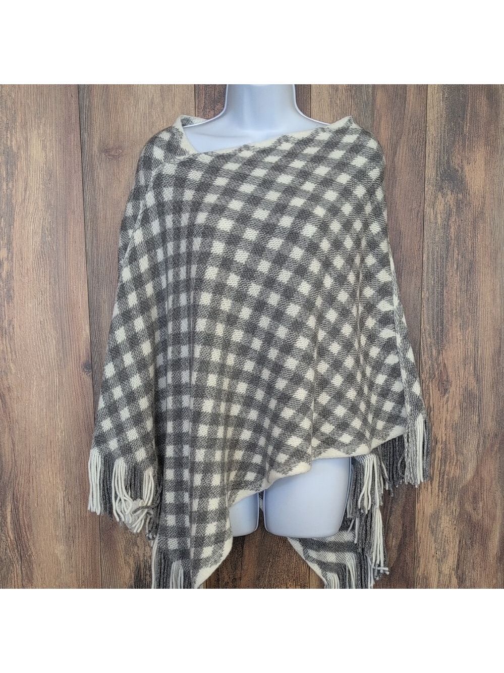 Chic Checkered Fringe Sweater Acrylic Poncho One Size                   F146